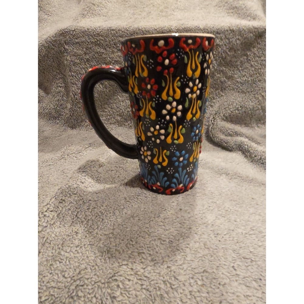 Myth Arts Hand Painted Black Turkish Dantel Mug‎ Latte Cup Floral Relief 6"